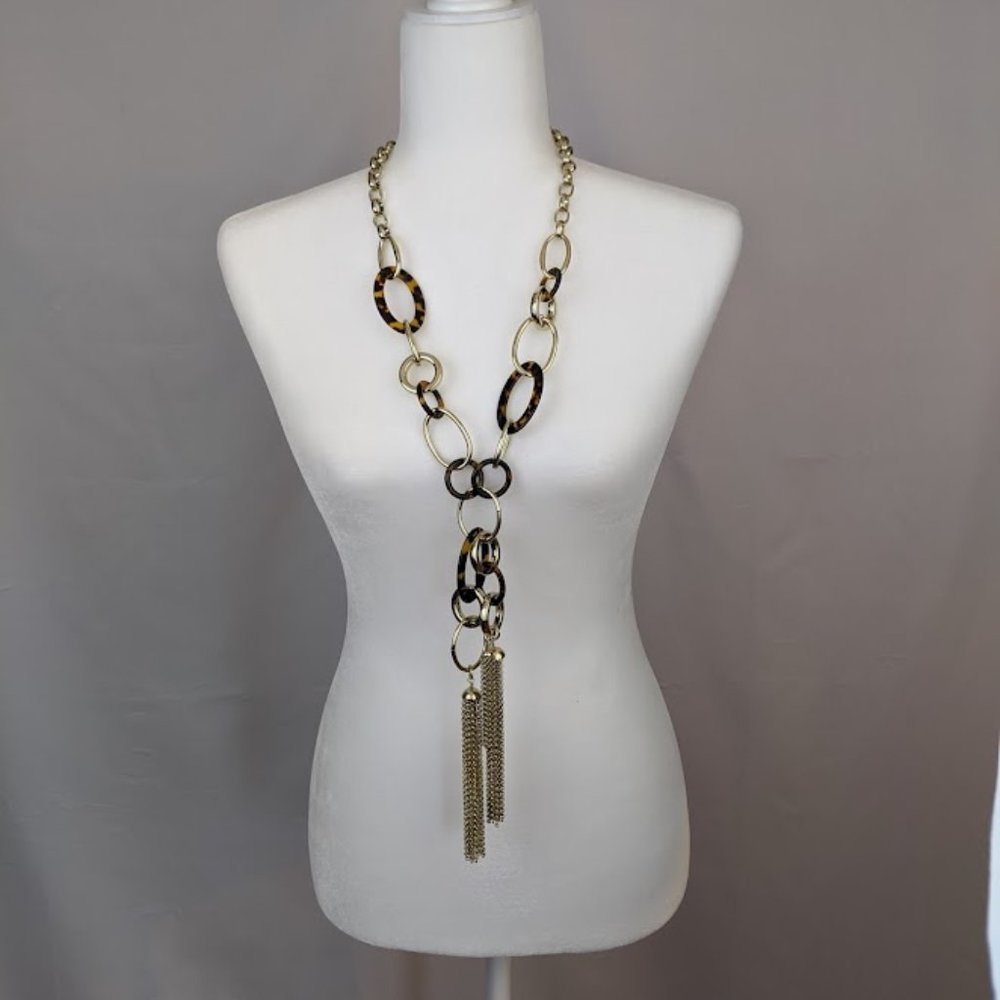 CHICO'S  Mollie Gold Tone Faux Tortoise Long Chain Link Tassels Necklace